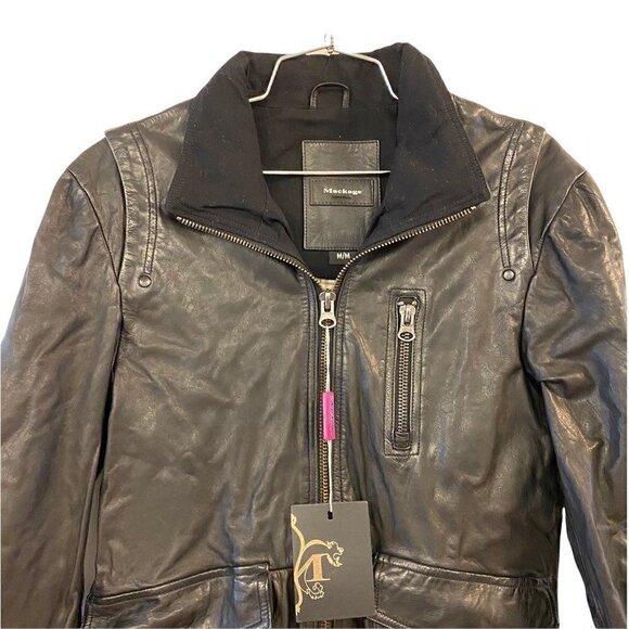 NEW Mackage Women's Bomber Jacket Coat Black Zip Up Flap Pockets Leather Medium - Picture 2 of 10